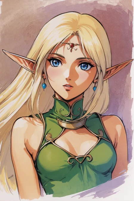 Deedlit,1girl,solo,pointy ears,blonde hair,long hair,elf,blue eyes,white background,simple background,upper body,jewelry,earrings,sleeveless,circlet,breasts,bare shoulders,dress,parted lips,green dress,bangs,sleeveless dress,parted bangs,small breasts,retro artstyle,traditional media,<lora:Yutaka Izubuchi_XL:0.8>,