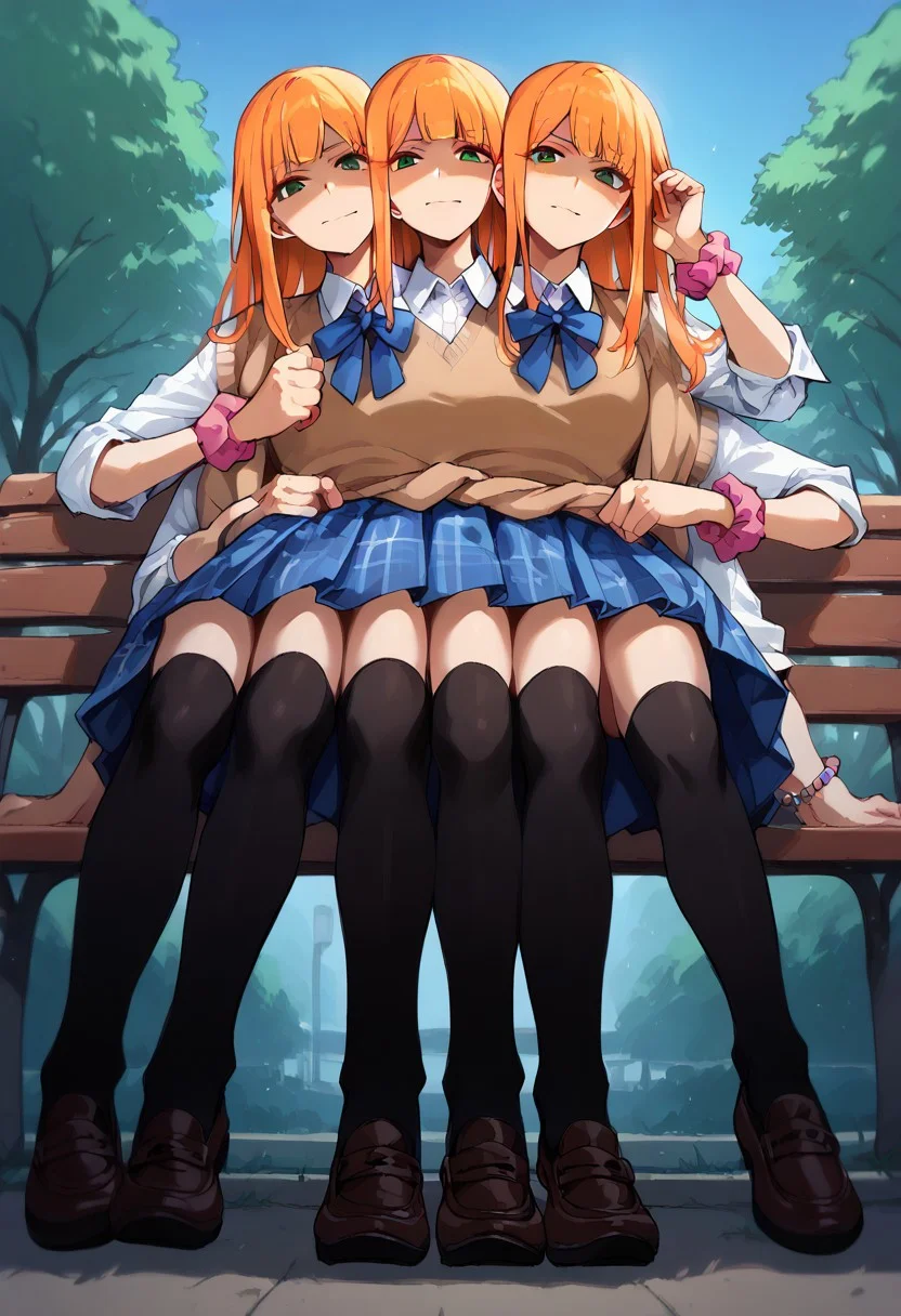 ((8arms, 4heads, trileg, six legs)), leg focus, score_9, score_8_up, score_7_up, score_6_up, score_5_up, score_4_up, shiunsumika, orange hair, blunt bangs, hairclip, straight hair, very long hair, green eyes, gyaru, heart necklace, neck ribbon, blue ribbon, collared shirt, white shirt, sleeves rolled up, pink scrunchie, wrist scrunchie, bead bracelet, brown cardigan, sweater around waist, blue skirt, plaid skirt, school uniform fully clothed, casual, sitting on bench,  slender legs, outdoors , park, (looking at the viewer), frowning, angry, disgusted face, shaded face, (from below),(((black thighhighs))), [shadows], light rays, Expressiveh