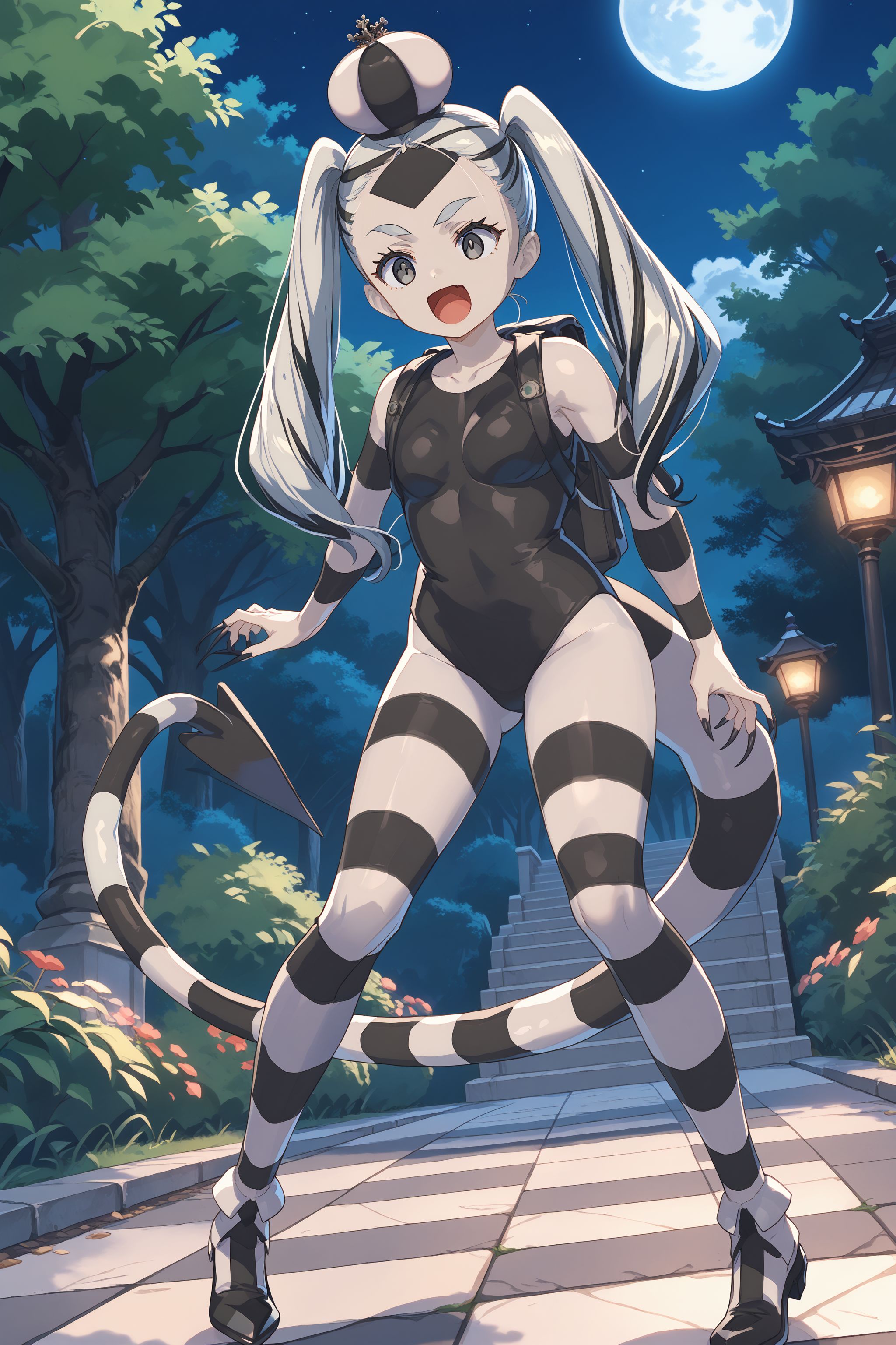score_max, (score_9, score_8_up, score_7_up:1.2), score_6_up, official art, source_anime,
anime screencap, masterpiece, absurdres, high detail, 8k,
outdoors, night, park, stone floor, lamppost,
standing, leaning to the side, legs apart, arms at side, open mouth, :d,
nymph, (grey skin:1.2), twintails, forehead, long hair, two-tone hair, bodypaint, striped, claws, crown, black leotard, backpack, tail, heels
<lora:XL_Pony_MGCM-nymph-t1:1.3>