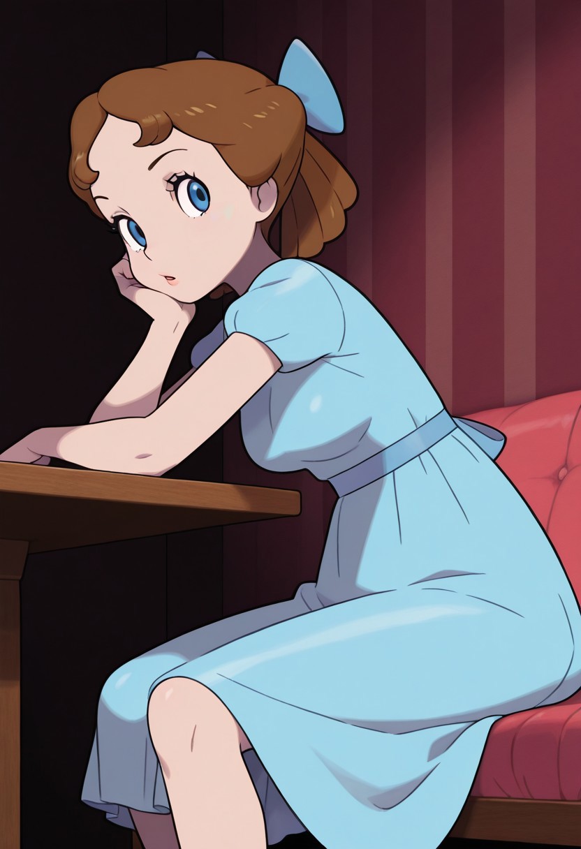 masterpiece, best quality, amazing quality, very aesthetic, absurdres,  newest, detailed background, cowboy shot,  indoors, dynamic angle, bedroom, perfect eyes, beatiful eyes
wendyxd, sugimori , jaggy lines, 1girl, short hair, brown hair, solo, sitting, head rest, blue dress, hairbow,  blue footwear, medium breasts, blue eyes, looking at viewer