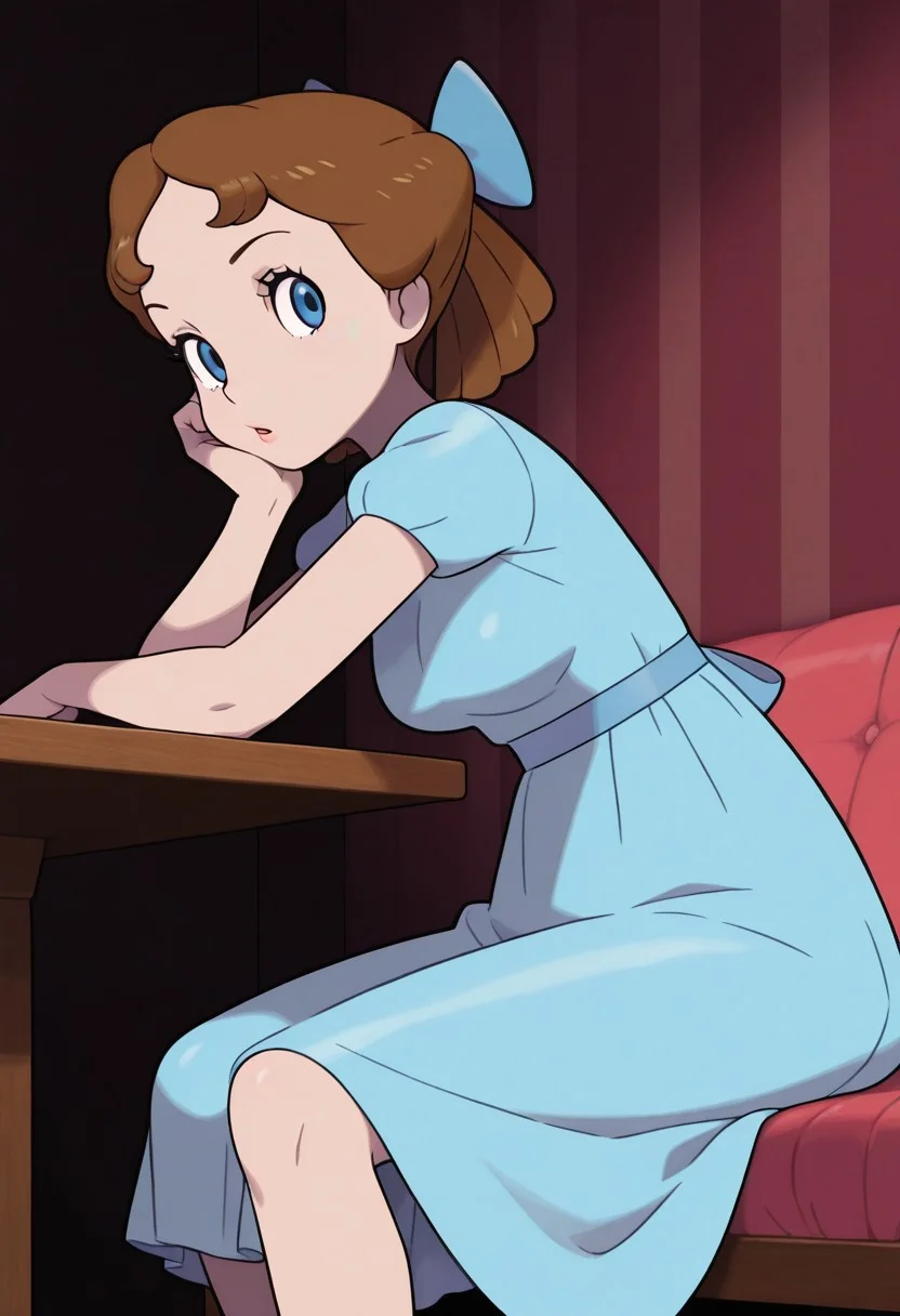 masterpiece, best quality, amazing quality, very aesthetic, absurdres, newest, detailed background, cowboy shot, indoors, dynamic angle, bedroom, perfect eyes, beatiful eyes
wendyxd, sugimori , jaggy lines, 1girl, short hair, brown hair, solo, sitting, head rest, blue dress, hairbow, blue footwear, medium breasts, blue eyes, looking at viewer
