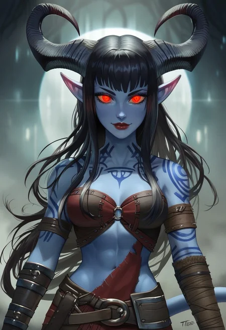 score_9, score_8_up, score_7_up, SLVTK, 1girl, gothic, portrait, beautiful, tiefling shaman, black hair, (long hair:1.3), side bangs, horns, barbarian, gladiator, war paint, tribal markings, long tail, blue skin, red lips, red eyes, glowing eyes, (smug:0.85), dramatic lights, detailed, sharp lines, dynamic, detailed drawing
