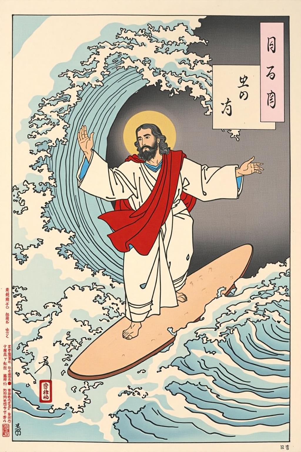 tsukioka1 Japanese woodblock print ukiyo-e. 
 Jesus surfing a huge wave
 <lora:schnell_v1.0:1.0> <lora:tsukioka_ukyo-e4_nocap_d8a4:1.0><lora:798032098138164501:0>