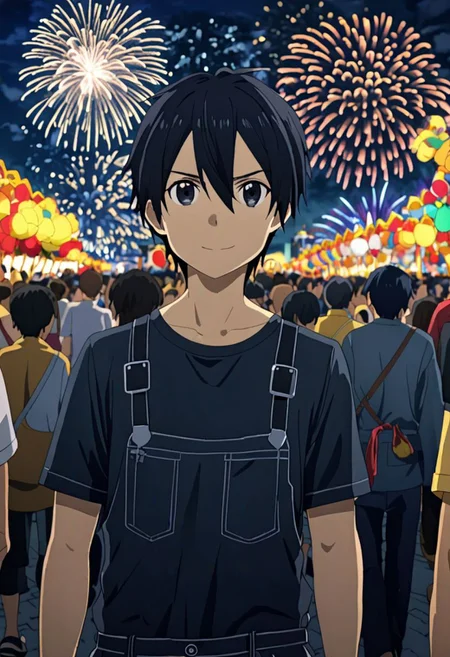 high resolution, professional photography, best quality, 1Boy, Kirigaya Kazuto, Black Hair, Black Eyes, overalldetail, festivals, nights, fireworks, crowds, happy