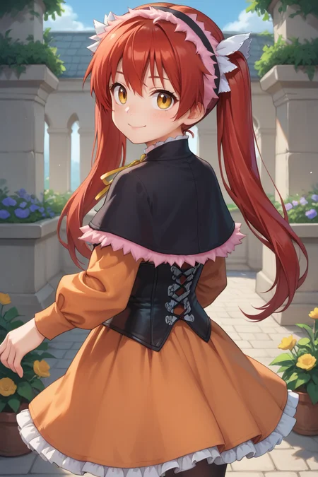 (score_9, score_8_up, score_7_up, score_6_up), source anime, BREAK, <lora:Emilia:0.8> , emidef, 1girl, red hair, long hair, twintails, yellow eyes, pink fur trim, fur-trimmed hairband, fur-trimmed capelet, black capelet, long sleeves, orange sleeves, fur-trimmed dress, (purple dress), (skirt under dress), orange skirt, corset, (layered dress), neck ribbon, black leggings, from side, looking at viewer, looking back, smile, (cowboy shot), outstretched arm, BREAK, <lora:zy_Detailed_Backgrounds_v1:0.3> , detailed background, highly detailed, exterior, garden, courtyard, scenery, flowers, <lora:SnowStylePonyXL:0.8>