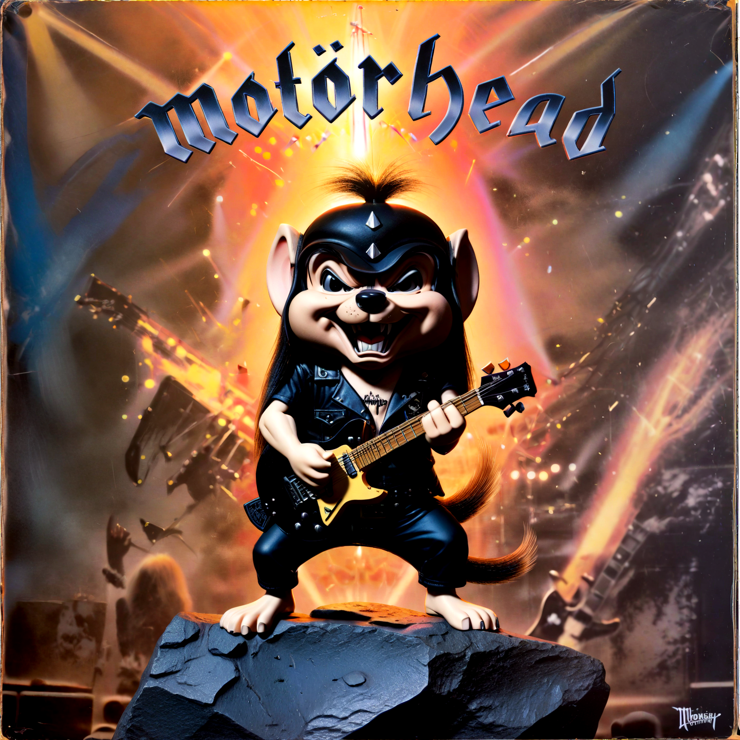 Heavy Metal Disney chipmunk (chip) as lemmy from motörhead, playing guitar on a rock concert, motörhead_cover, record cover, animation,,, Heavy Metal, often for heavy guitars, metal subgenres, or metalhead culture.