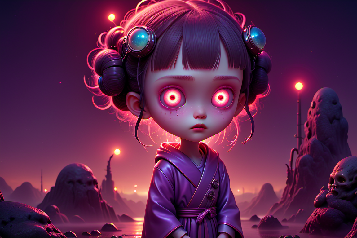 cute little Japanese (alien:1.1) anime, l, detailed scene, perfect face, intricately detailed photorealism, trending on artstation, neon lights, misty night, stunning full body anime art by (Mark Ryden:1.1)   <lora:Nicoletta_Ceccoli_2:0.4> Nicoletta Ceccoli  <lora:another-bored-monsters:0.45> fx-monsters, subsurface scattering, ultra hd, 4k, high def, Photorealistic, Hyperrealistic, Hyper detailed, analog style, realistic, masterpiece, best quality, ultra realistic, 8k, Intricate, High Detail, film photography, soft lighting,  heavy shadow