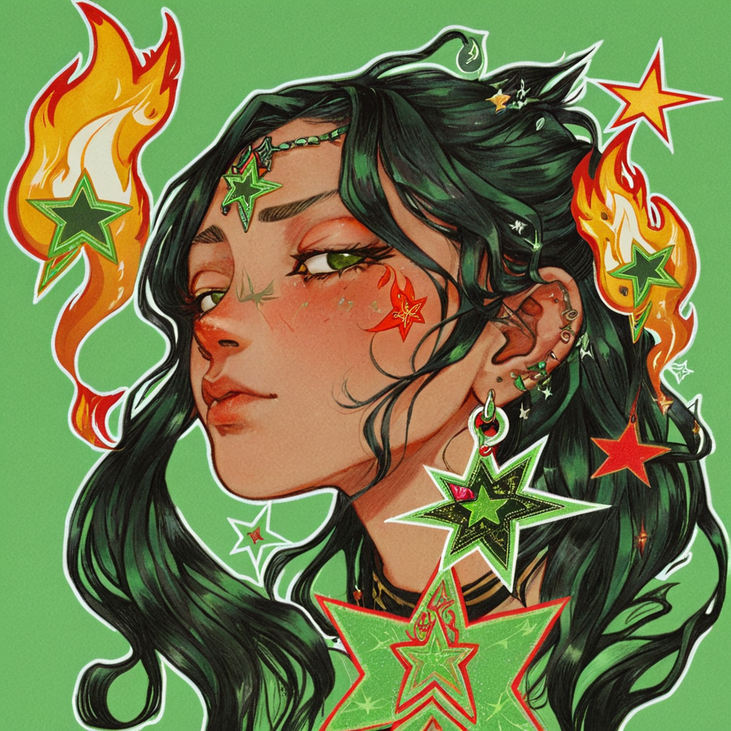 1girl, sm0k, earrings, star (symbol), upper body, flames, ornaments, soft green, eyes open, long dark hair, hair clips, dark skin
