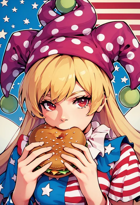 score_9, score_8_up, score_8, medium breasts, (curvy), looking at viewer,
jermaWhopper, eating, burger, looking at you, upper body,
zzClwnpc, red eyes, blonde hair, long hair, striped, jester cap, polka dot, american flag legwear, american flag dress, star print, pantyhose, fairy wings,
zPDXL, Expressiveh