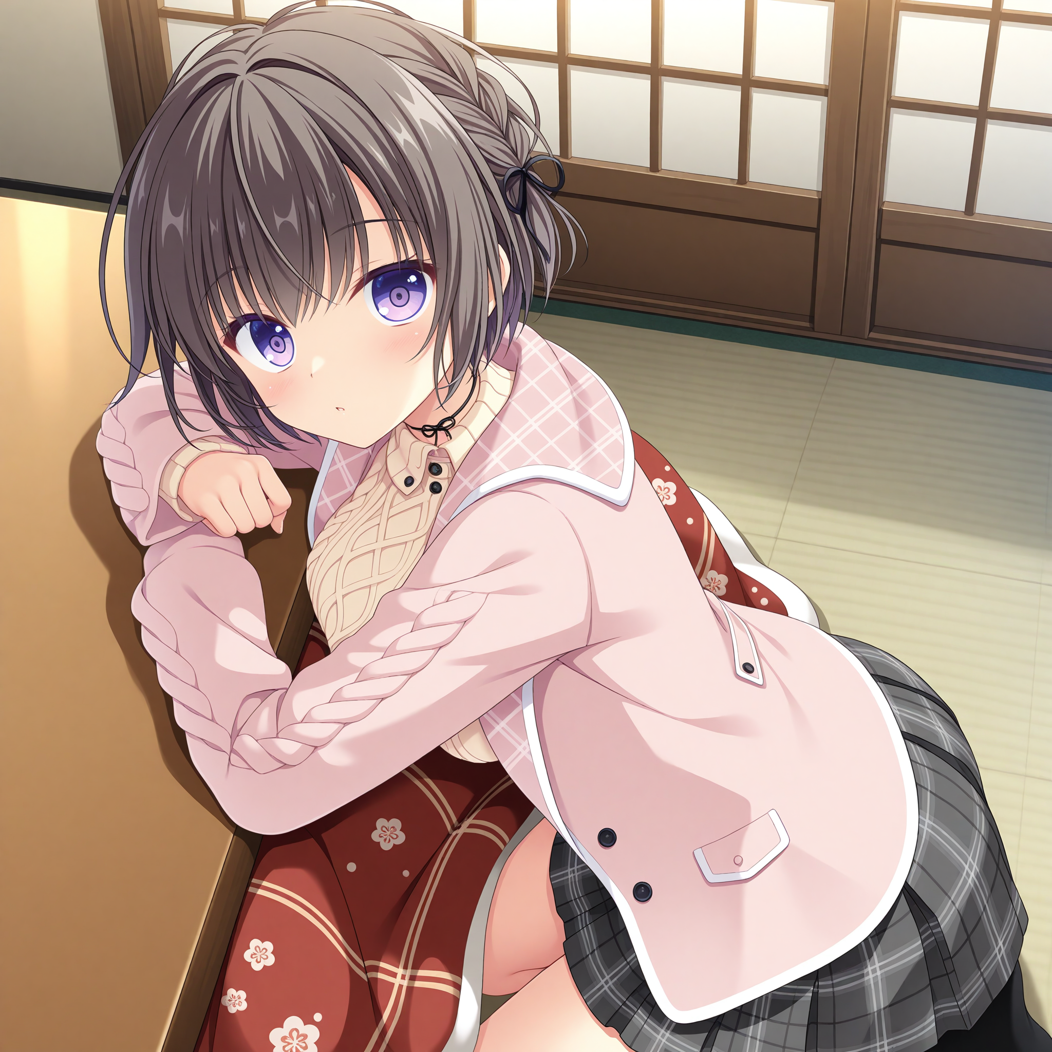 <lora:Yasaka_Kako_1_nai-000026:1>,Yasaka Kako,purple eyes,neck ribbon,black ribbon,
hair ribbon,pleated skirt,aran sweater,cable knit,long sleeves,plaid skirt,miniskirt,black skirt,white sweater,ribbed sweater,yellow sweater,grey skirt,open jacket,pink jacket,
BREAK
1girl,solo,from side,kneeling,indoors,east asian architecture,kotatsu,arms on table,from above,looking at viewer,