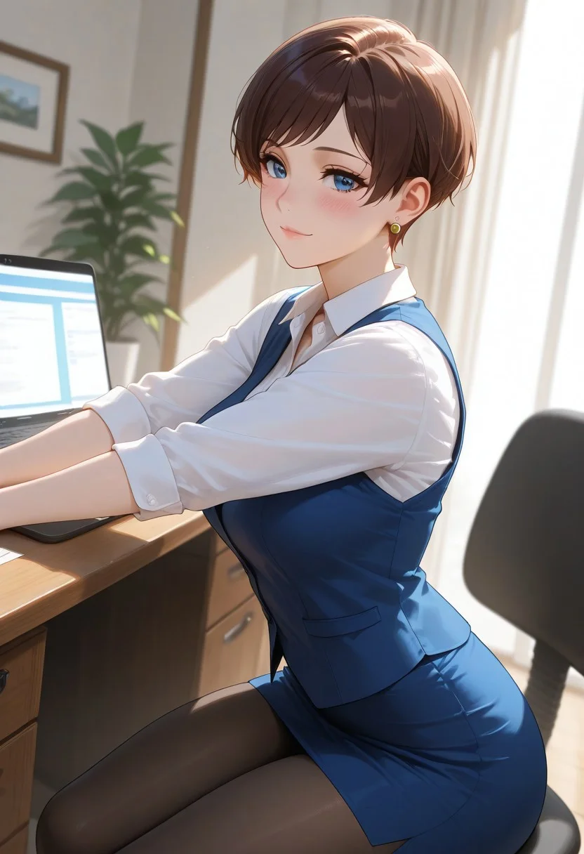 ((high quality)), ((high resolution)), ((incredibly detailed)), detailed background, masterpiece, natural lighting, dynamic angle, indoors, office, desk, laptop, office chair, 1woman, mature, white blouse, blue vest, blue mini skirt, pantyhose, working, sitting on chair, stretching, perfect face, perfect blue eyes, middle breasts, detailed brown pixie cut, swept bangs, earring, soft smile, blush,