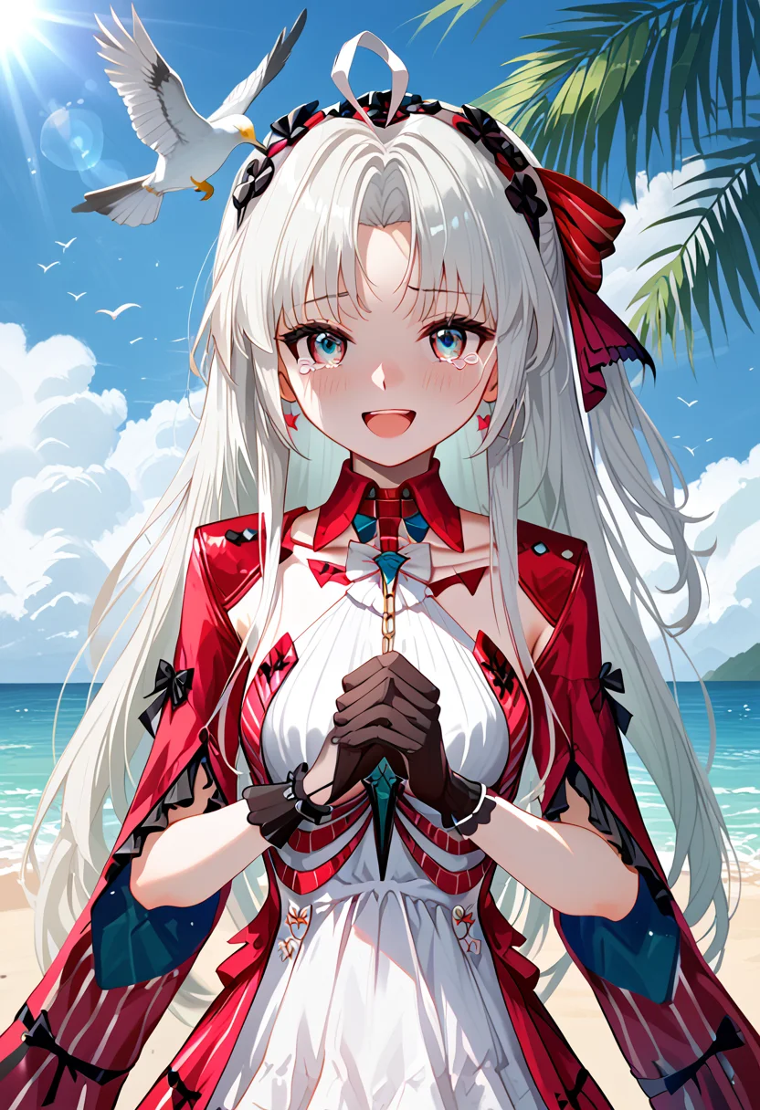 score_9, score_8_up, score_7_up, (1girl), long hair, ahoge, gloves, thighhighs, bow, breasts, black gloves, red bow, red dress, virtual youtuber, (sensitive), (masterpiece), (best quality), white colored hair, white colored skirts, on the beach, seagulls, (from front:1.3), tears of joy, happy, looking at viewer, solo, open mouth, highres, absurdres, clapping, meet both hands, (newest), ((upper body)), (ultra detailed), shine, sunlight, lens flare, <lora:carlotta-V1.2:1>