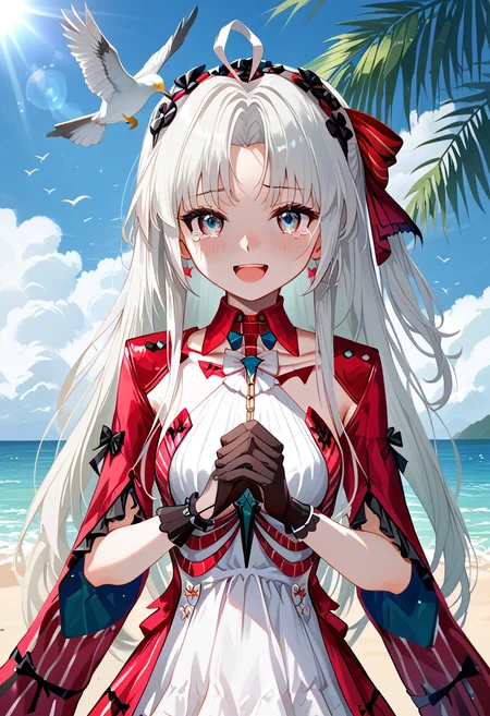 score_9, score_8_up, score_7_up, (1girl), long hair, ahoge, gloves, thighhighs, bow, breasts, black gloves, red bow, red dress, virtual youtuber, (sensitive), (masterpiece), (best quality), white colored hair, white colored skirts, on the beach, seagulls, (from front:1.3), tears of joy, happy, looking at viewer, solo, open mouth, highres, absurdres, clapping, meet both hands, (newest), ((upper body)), (ultra detailed), shine, sunlight, lens flare, <lora:carlotta-V1.2:1>