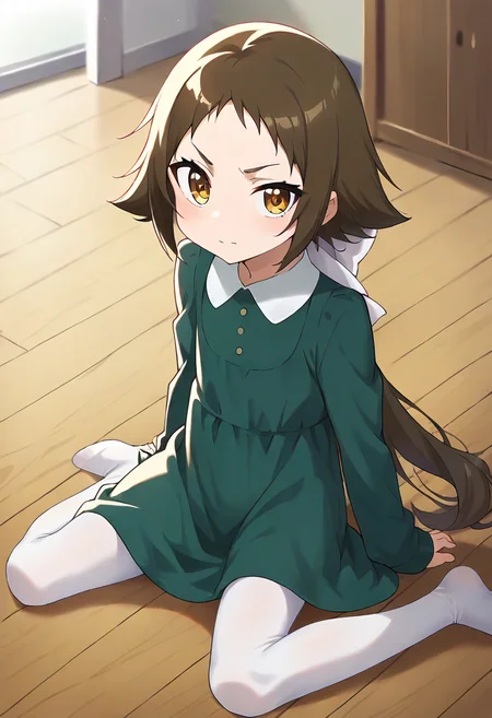score_9, score_8_up, score_7_up, source_anime, masterpiece, 1girl, ct_mashir0, hair bow, green dress, white pantyhose, long sleeves, indoors, sitting, wooden floor, looking at viewer, <lora:Mashiro_Mitsumine_pony_ct_ver2:0.9>