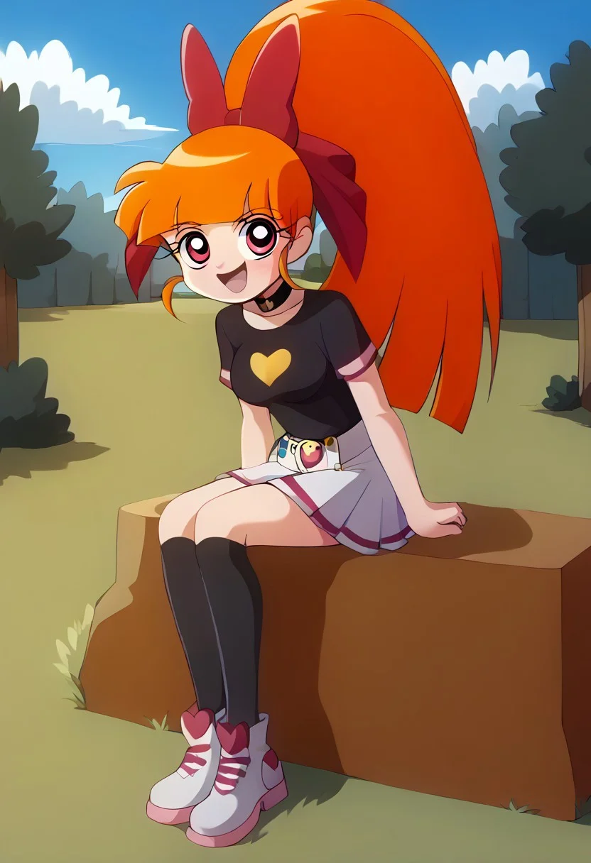 score_9, score_8_up, score_7_up, score_6_up, soft lighting, solo, momoko, 1girl, bright orange hair, really long hair, ponytail, red hair bow, pink eyes, glossy eyes, medium breasts, happy smile, mouth open, blush, black choker, black shirt, short sleeves, white skirt, white shoes, black leggings, looking at viewer, eye contact, sitting, grassy hill, park, trees, summer, blue sky, cloud, horizon, hearts, (floating pink hearts,) zPDXL2, good_hands,