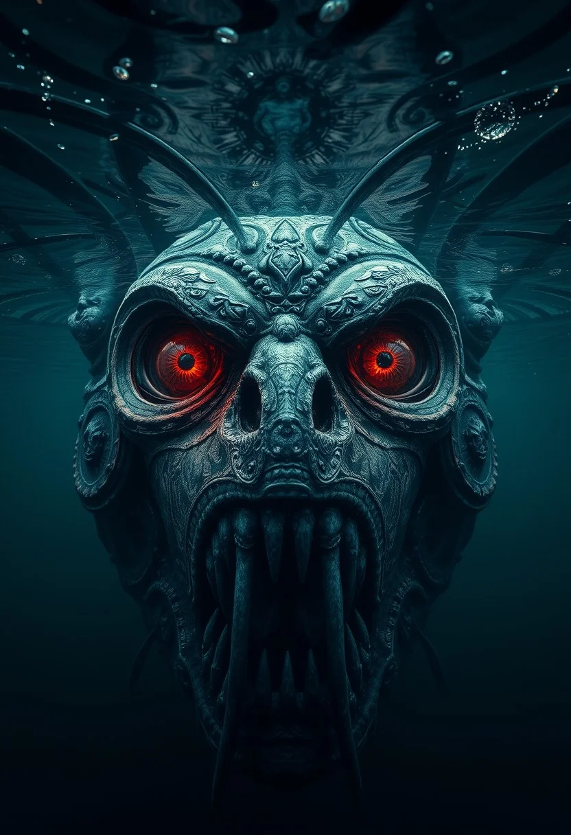 Lovecraftian realism, underwater photography, mysterious terrifying horrifying scary enormous anthropomorphic pirate-ship, eyes, mouth, translucent water, night, intricate design, photorealistic, hyperrealistic, high definition, extremely detailed, cinematic, UHD, HDR, 32k, ultra hd, realistic, vivid colors, highly detailed, perfect composition, beautiful detailed intricate insanely detailed octane render, trending on artstation, artistic photography, concept art, soft natural volumetric cinematic perfect light, Macro photography, close-up, hyper detailed, trending on artstation, sharp focus, studio photo, intricate details, highly detailed