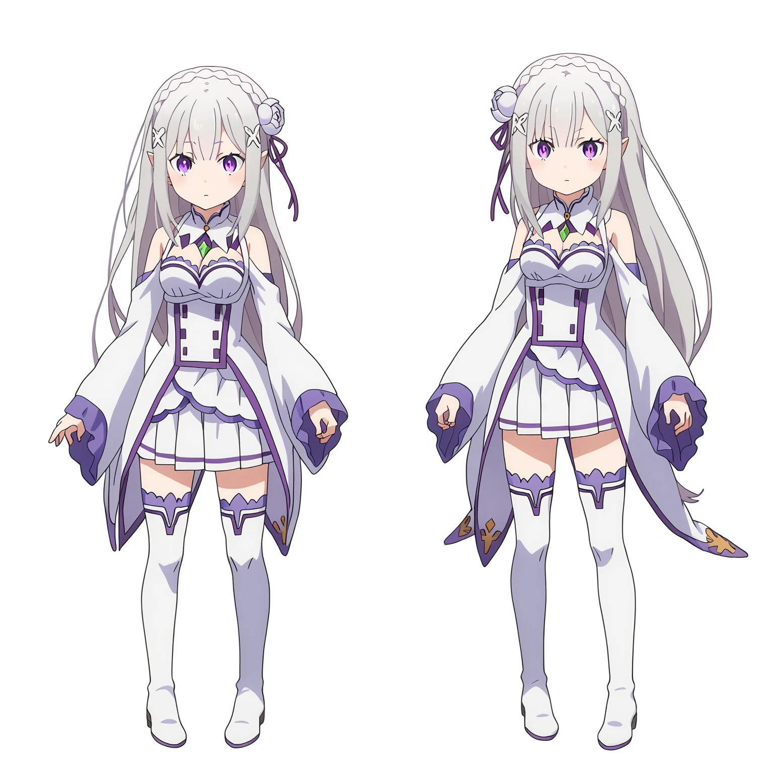 score_9, score_8_up, score_7_up, source_anime,
BREAK
<lora:shiSpriteTestPart30:0.8>, sprite sheet, simple background, white background, chibi, multiple views, how to,
1girl, solo, anime screencap, anime coloring,
<lora:shiEmiliaV2:1> shimilia, long hair, grey hair, purple eyes, pointy ears, crown braid, hair flower, hair ribbon, purple ribbon, x hair ornament, white dress, cleavage, bare shoulders, wide sleeves, white thighhighs, thigh boots,