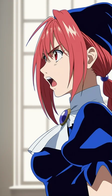 core_9,score_8_up,score_7_up,
<lora:dorothy>,doroshii,1girl,solo,
pale skin,red eyes,
pale skin,red eyes,long pink hair,bangs,two braided pigtails,dark purple jewels in braided pigtails,black cap with ball on end,black dress,large bow on lower back,short puffed sleeves,tight around torso,shows breast shape,white collar,mail coach tie,dark purple jewel on tie,furrowed brows,mouth wide open in an exaggerated expression,teeth,furious,arms raised up,upper body,front view,white background,
indoors,bedroom,french window,soft clouds drifting,summer,morncolour,
vignetting,blurry background,