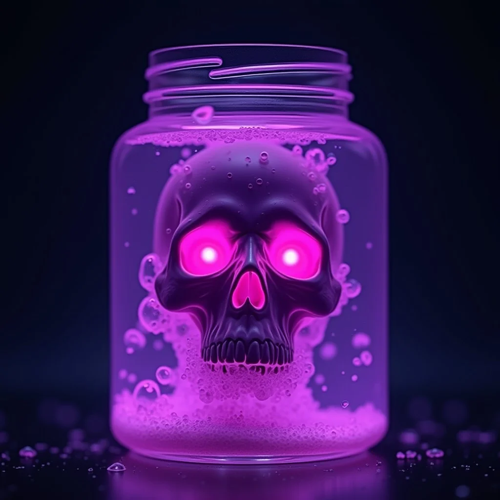 A jar filled with purple glowing mysterious viscous fluid, bubbles, a skull with glowing red eyes the jar, necromantic glow, magic glow, photorealistic, best quality,