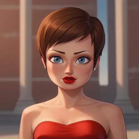 score_8_up, BREAK, 1girl, solo, RoxanneRitchi, brown hair, short hair, blue eyes, lipstick, red dress, portrait, depth of field, <lora:Roxanne_Ritchi_PXL_Leaf2:1>