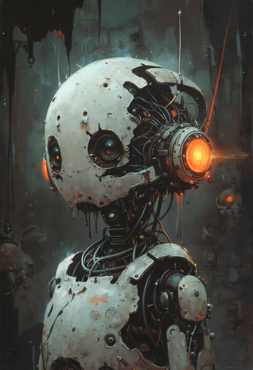 Hearing materialized voices, this creepy sad cybernetic robot, crying, can't cope with the illusionary delusions that enter the mind. Distinguishing reality from dream is a constant struggle, like a storm in the brain that cannot be silenced. The constant pain and agony is excruciating and seems impossible to subdue. Clarity and peace of mind is a feeling so unreachable that hope seems to constantly slip through the net that is the maze of life.
