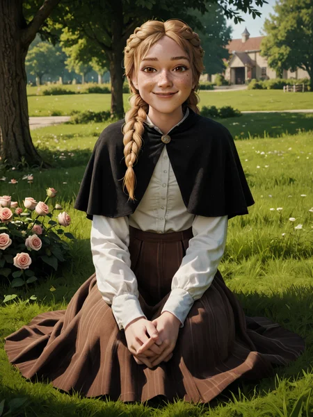 score_9, score_8_up, score_7_up, BREAK, Lillemor, 1girl, solo, long hair, blonde hair, brown eyes, braid, twin braids, freckles, White shirt, black capelet, brown skirt, long skirt, smile, in the park, sitting on the ground, grass, flowers, roses, looking at viewer, volumetric light <lora:Lillemor:1>