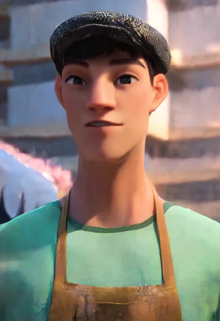 score_9, score_8_up, score_7_up, 8k, masterpiece, charturnerv2, sz4d3k, cell shaded, face focus, even skin tone, indirect lighting, detailed face, detailed eyes, detailed, male only, 1boy, solo, alone, Yukio, black hair, black eyes, newsboy cap, shirt, apron, jeans, timberland boots, full body