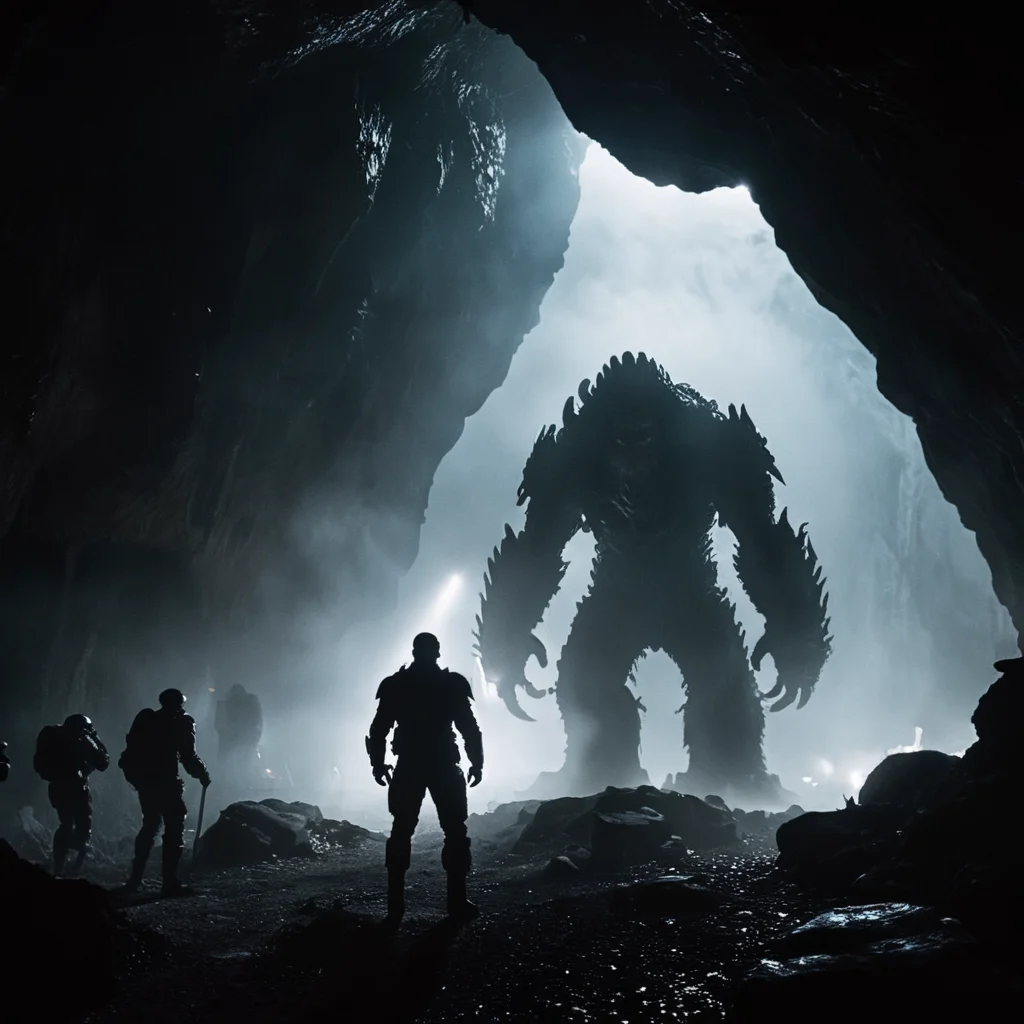 cinematic film still of <lora:add-detail-xl:1>0
<lora:detailed:0.3>
<lora:perfection style:0.3>
<lora:xl_more_art-full_v1:0.3>
<lora:halo style:0.9>
The Banished Monsters a monster standing in a dark cave with a light on,scenery,science fiction,silhouette,ruins,multiple others,fog , cinematic, filmic, dramatic light, sci fi, action themed, futuristic, shallow depth of field, vignette, highly detailed, high budget, bokeh, cinemascope, moody, epic, gorgeous, film grain, grainy