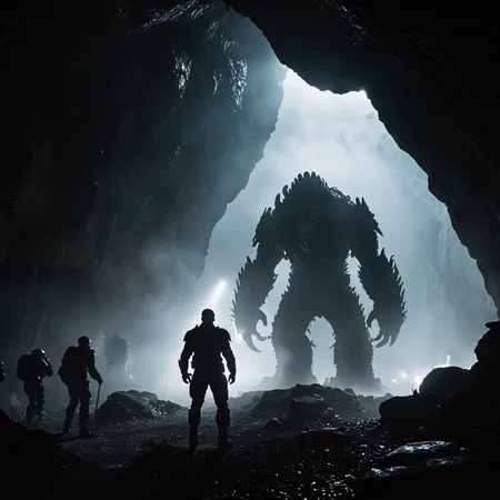 cinematic film still of <lora:add-detail-xl:1>0
<lora:detailed:0.3>
<lora:perfection style:0.3>
<lora:xl_more_art-full_v1:0.3>
<lora:halo style:0.9>
The Banished Monsters a monster standing in a dark cave with a light on,scenery,science fiction,silhouette,ruins,multiple others,fog , cinematic, filmic, dramatic light, sci fi, action themed, futuristic, shallow depth of field, vignette, highly detailed, high budget, bokeh, cinemascope, moody, epic, gorgeous, film grain, grainy