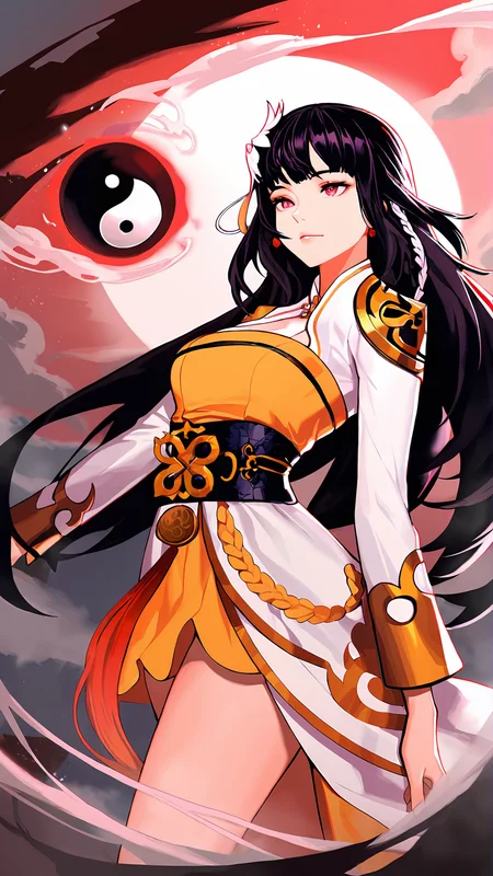 amazing quality,absurdres,best quality,masterpiece,highres,newest,detailed,detailed body,detailed face,masterpiece,best quality,solo,
DNF巫女,1girl,solo,black hair,long hair,yin yang,orb,hair ornament,braid,flower,dress,<lora:DNF巫女:0.8>,