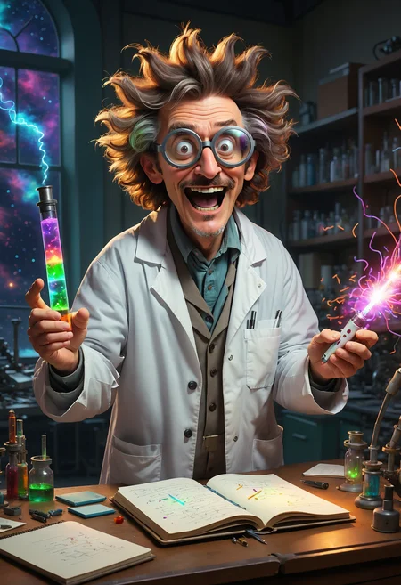 An eccentric scientist with wild, unkempt hair, wearing thick goggles and a lab coat covered in colorful stains, holding a glowing test tube and scribbling furiously in a notebook,
High-tech laboratory filled with buzzing machines, floating holograms, and mysterious glowing vials, large glass windows revealing a starry sky outside, a huge mechanical contraption in the center,
Excitedly activating a strange device, causing sparks and small explosions, while a robot assistant frantically tries to keep everything under control, and the scientist laughs in delight as everything goes haywire,
realistic, photo, cinematic style, hyperrealistic, grainy photo, <lora:add-detail-sdxl:0.9>