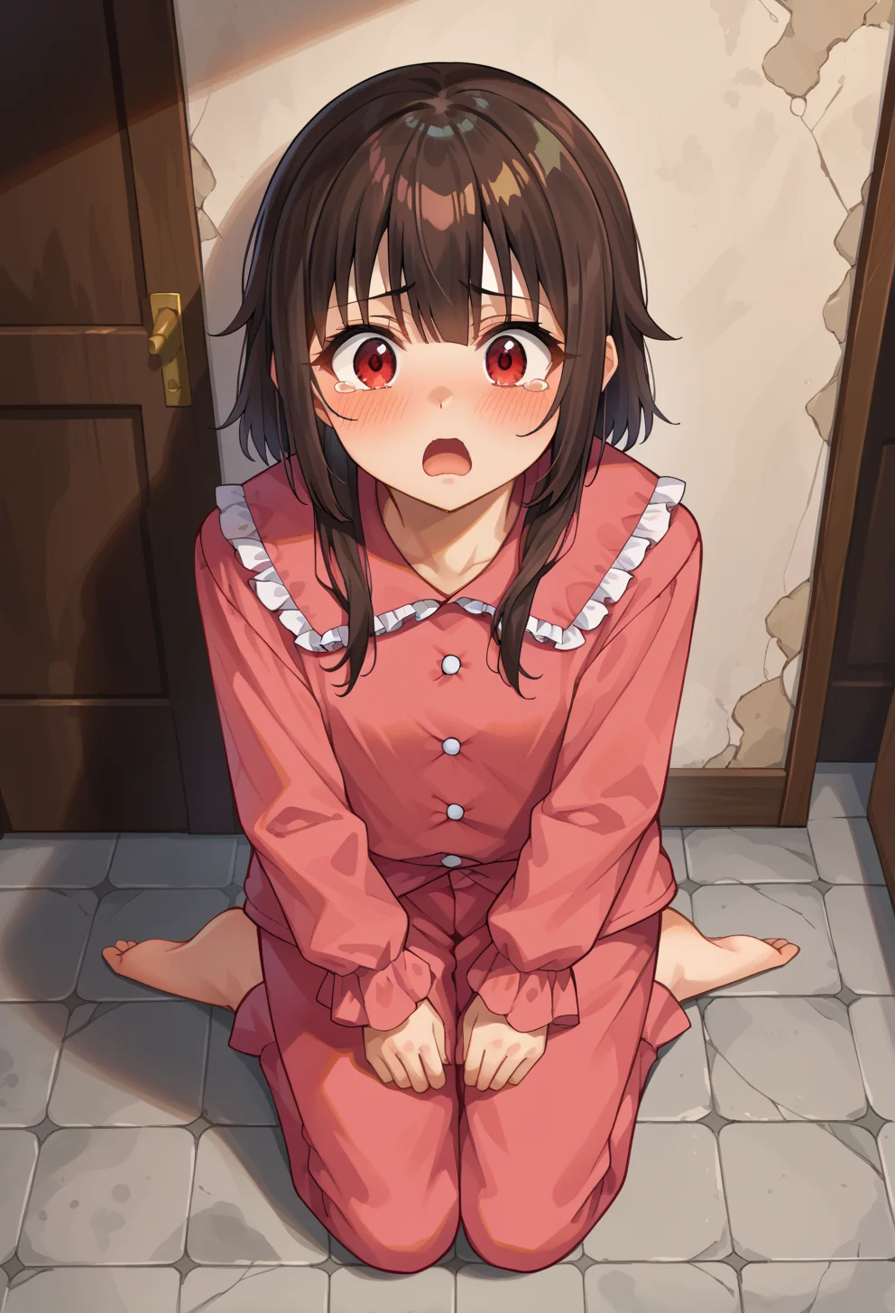 score_9, score_7_up, source_anime, BREAK <lora:AEMegumin-000009:1> AEMeguminPaj, red eyes, Brown hair, Pink Pajamas, Pink shirt, frilled shirt collar, frilled sleeves, Pink pants, dark hallway, indoors, against wall, scared, on floor, tearing up, kneeling, barefoot, looking up,