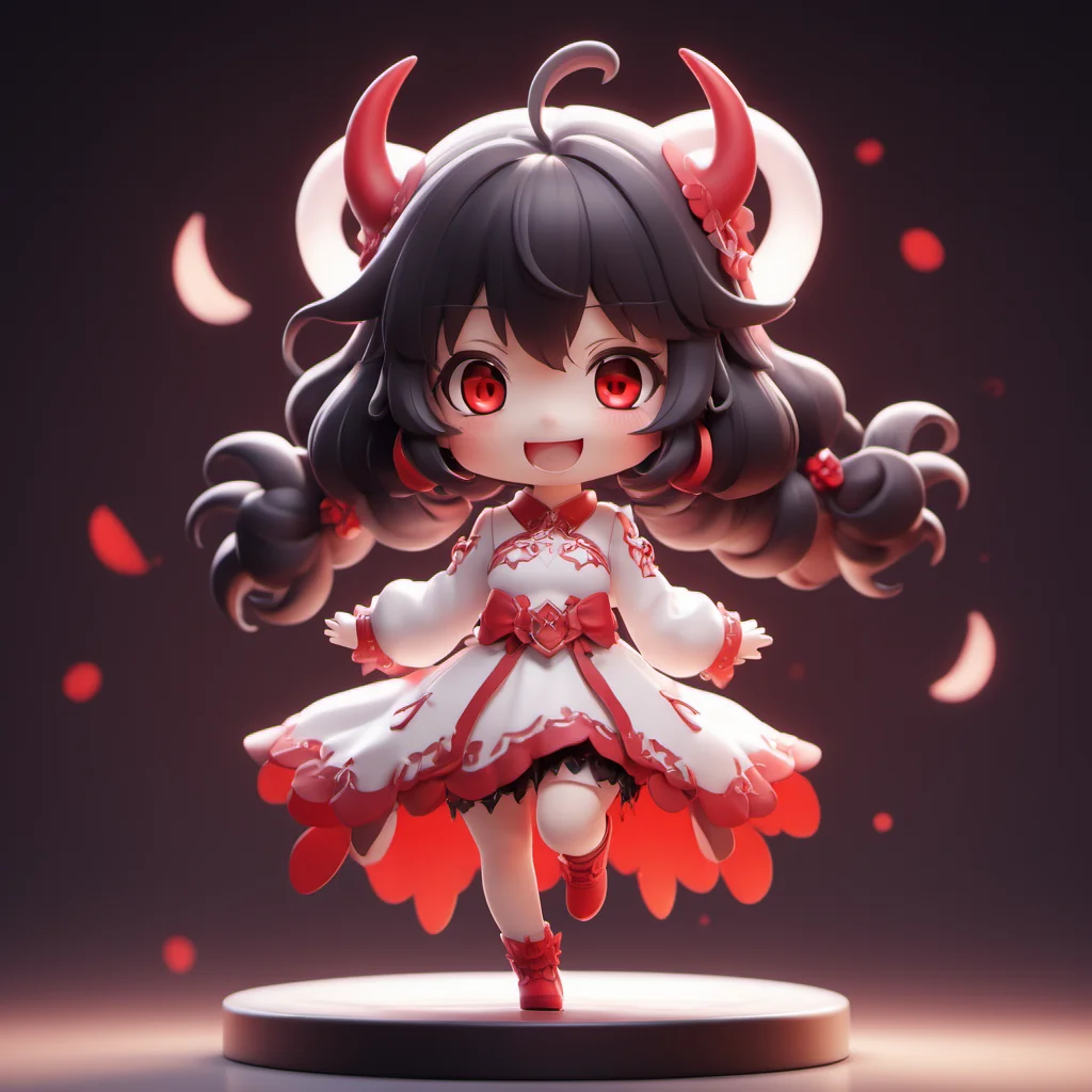 <lora:Designer_BlindBox-000015:0.5>1girl, red eyes, chibi, open mouth, smile, ahoge, solo, looking at viewer, bangs, :d, teeth, blurry background, full body, blurry, hair ornament, hair between eyes, black hair, long sleeves, dress, standing, upper teeth only