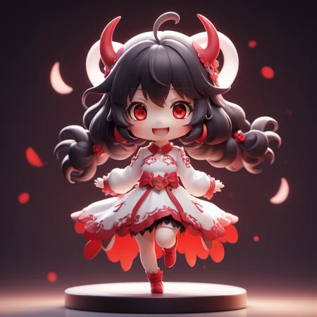 <lora:Designer_BlindBox-000015:0.5>1girl, red eyes, chibi, open mouth, smile, ahoge, solo, looking at viewer, bangs, :d, teeth, blurry background, full body, blurry, hair ornament, hair between eyes, black hair, long sleeves, dress, standing, upper teeth only