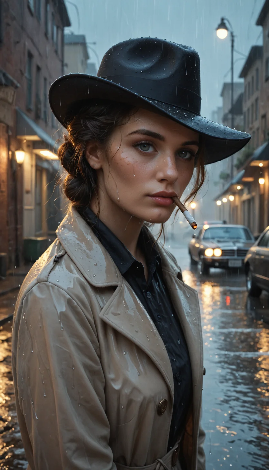 film noire, city, night, rainy, foggy, extreme closeup portrait, extremely well detailed, high definition, freckles, beauty spot, detailed perfect eyes, headshot, trench coat, fedora, private detective, smoking, femme fatale, vintage car, street lamp, dark alley, crime scene, murder mystery, suspense, black and white, high contrast, dramatic lighting,
soaked woman, wet clothes, dripping water, rain, stormy weather, score_9, score_8_up