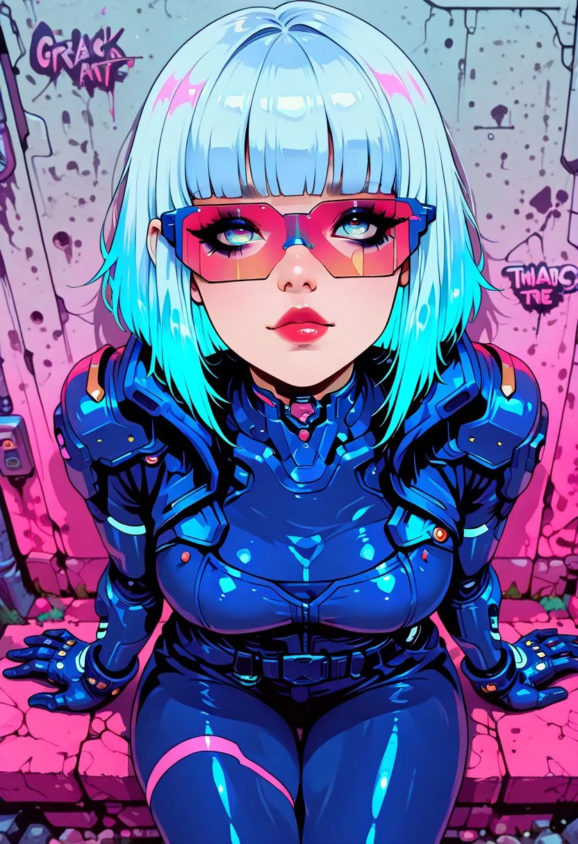 in the style of cksc, in the style of cknc, in the style of ck-rw, artist:moriimee, masterpiece, best quality, good quality, very aesthetic, absurdres, newest, 8K, depth of field, focused subject,
stylized, in black and neon shades, dark eyeshadow, red lips, long flowing silver and blue bioluminescent hair, bangs, asian female cyberpunk girl, red and blue bodysuit, sitting leaning against stone wall with anime graffiti, viewed from above, looking up at viewer