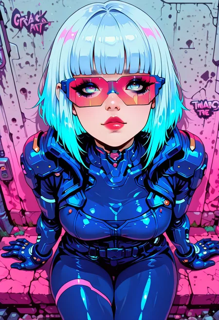 in the style of cksc, in the style of cknc, in the style of ck-rw, artist:moriimee, masterpiece, best quality, good quality, very aesthetic, absurdres, newest, 8K, depth of field, focused subject,
stylized, in black and neon shades, dark eyeshadow, red lips, long flowing silver and blue bioluminescent hair, bangs, asian female cyberpunk girl, red and blue bodysuit, sitting leaning against stone wall with anime graffiti, viewed from above, looking up at viewer
