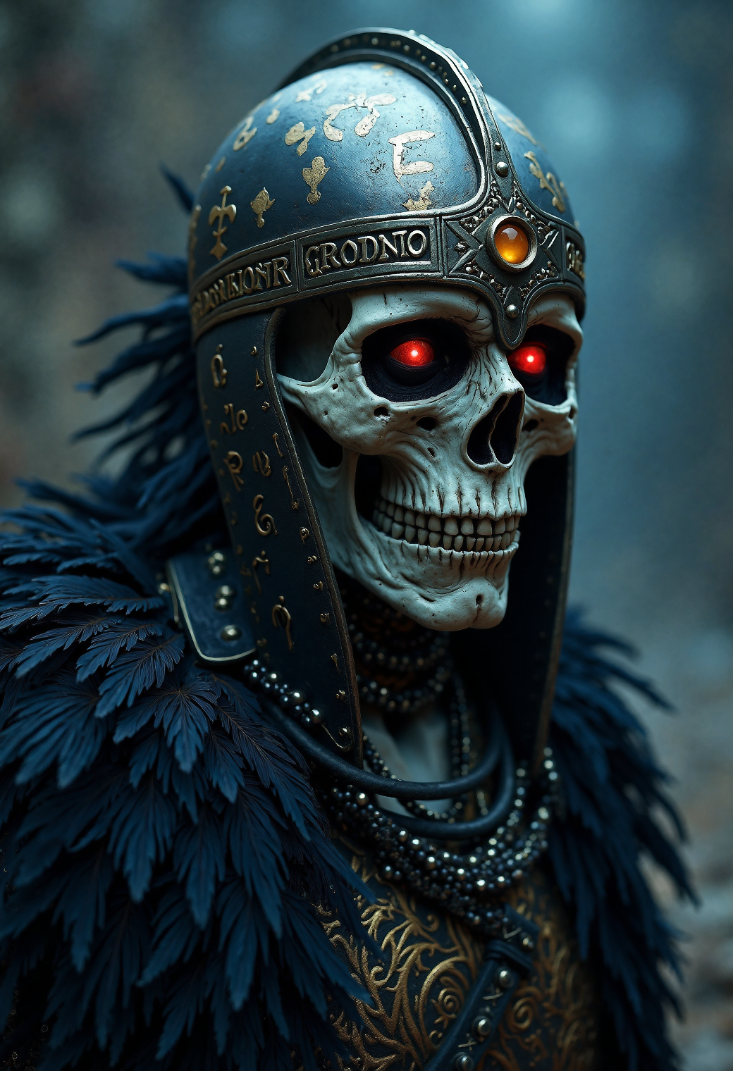 Masterpiece, 8k, HDR, best quality, photography, analog film, real life, extremely beautiful, highly detailed, intricately detailed, dramatic. (famous artwork by Ingrid Baars and Eric Lacombe:2), (undead warrior:1.5), dead pale skin, blind, cloudy pupil, ornate war helmet, dead eyes, ancient rune tattoos, black disheveled feather decoration, suffering, dark hell forge background, hyperdetailed photography, masterpiece, best quality, high quality, highres, ultra-detailed, best quality, 8K, high resolution, extreme detail, outstanding composition:1.4, professional photo 85mm lens for elegant body lines and fine skin detail with sharp subject, (dramatic backlighting:1.4), eerie fog, dark shadows, soft glowing highlights, haunting contrast, mystical aura, high contrast, ominous mood, deep blue and dark red tones, glowing runes in the dark, ethereal mist swirling around, underlit face with harsh shadows on the helmet