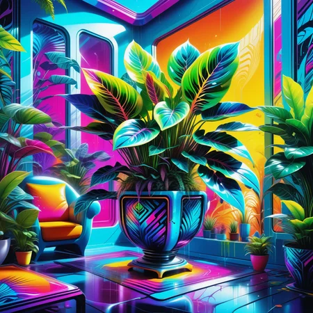 Jed-CyFut, masterpiece, full of details, positive emotional, Jed-Gr4ff1t1,wallpaper enginge, <lora:GraffitiStyle-000003:0.7>, <lora:CyberFuturisticStyle:0.7>, risograph print of a Houseplant, Wide view, vibrant, epic atmosphere, beautiful detailed supreme quality color intricate, imposing, beautiful composition, luxurious sharp focus, complimentary colors, intricate