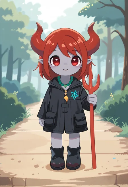 score_9, score_8_up, score_7_up, BREAK
highres, highly detailed, high resolution, high quality,
source_anime, anime screencap, saturation, vivid colors,
1girl, solo, luce, full body, standing, demon girl,
(dark red hair:1.2), (big dark red eyes:1.1), medium hair, cute, (grey skin:1.1), (horns:1.2),
(long black raincoat:1.1), black rubber boots,
pentagram necklace, holding one red trident,
stkyswt,
pikaole, cute, bokeh,
blurry background, forest background, path