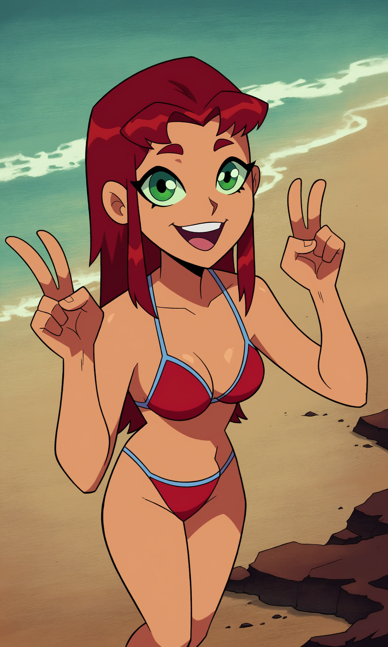 score_9, score_8_up, score_7_up, 1girl, starfiredc, green_eyes, red_hair, long_hair, medium_breasts, bikini, outdoors, happy, double_v, beach, looking_at_viewer,