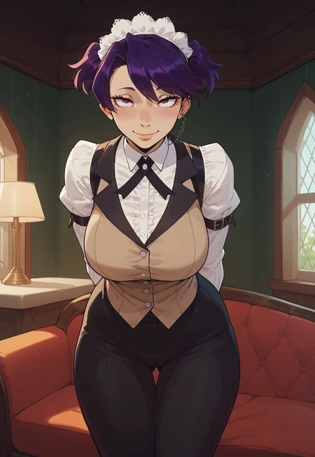 safe_pos, score_9,score_8_up,score_7_up, mature woman, adult woman, 1girl, cute face,kikunop3, purple hair, short hair, short twintails, maid headdress, vest, shirt, pants, gloves, holster, cleveage, perfect face, slim body, bstyptit, busty petite, sexy girl, beautiful eyes, round ass, big breasts, wide hips, thicc, petite figure, thick thighs, long legs,thick legs, perfect face, detailed eyes, perfect black eyes, beautiful eyes, big round eyes, wide hips, thin waist, indoors, living room, mansion, night, nightime, green sky, moon, (skin indentation:1.5),  big breasts, big boobs, 
score_9, score_8_up, score_7_up, score_6_up, score_5_up, score_4_up, BREAK, 1girl, solo, soft smile, small smile, blushing, half open eyes, hands behind back, leaning forward, facing viewer, looking at viewer, 