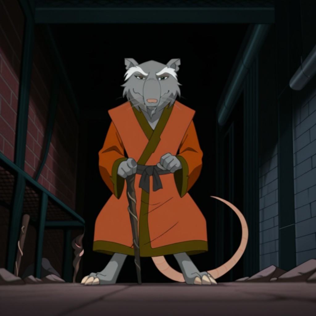 masterpiece, best quality, amazing quality, FFSplinter03IL, semi-anthro, male, rat_boy, grey fur, whiskers, brown eyes, rat tail, red-orange kimono, holding stick cane, standing, inside,, <lora:a326f5d3-af77-47d2-a0b1-83a21c120580:1.0>