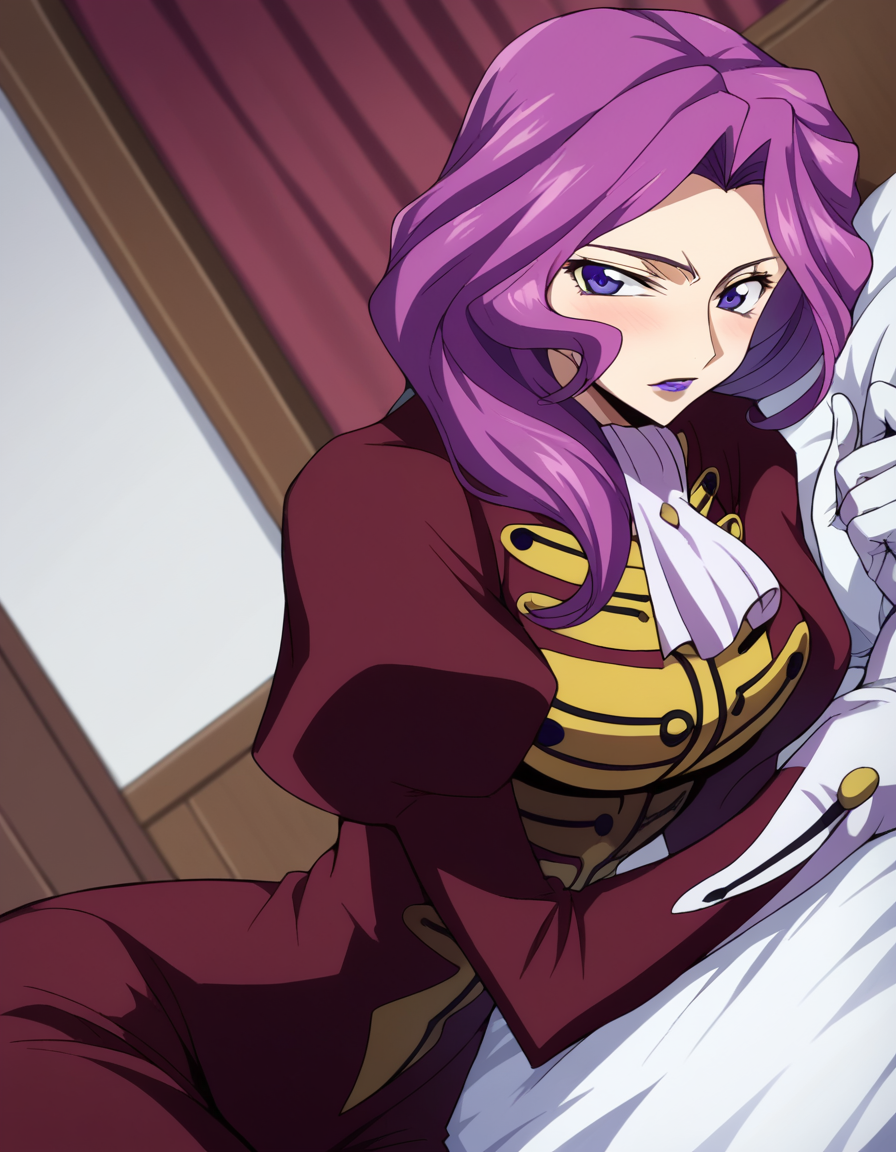 score_9, score_8_up, score_7_up, source_anime,
cornelialibritannia, <lora:cornellia-li-britannia-s1-ponyxl-lora-nochekaiser:1>
cornelia li britannia, purple eyes, purple hair,
ascot, gloves, juliet sleeves, lipstick, long sleeves, makeup, pants, puffy sleeves, purple lips, red pants, red shirt, shirt, white ascot, white gloves,
indoors, bed, bed room, on side, blush, drunk,
looking at viewer, dutch angle, cowboy shot, solo,