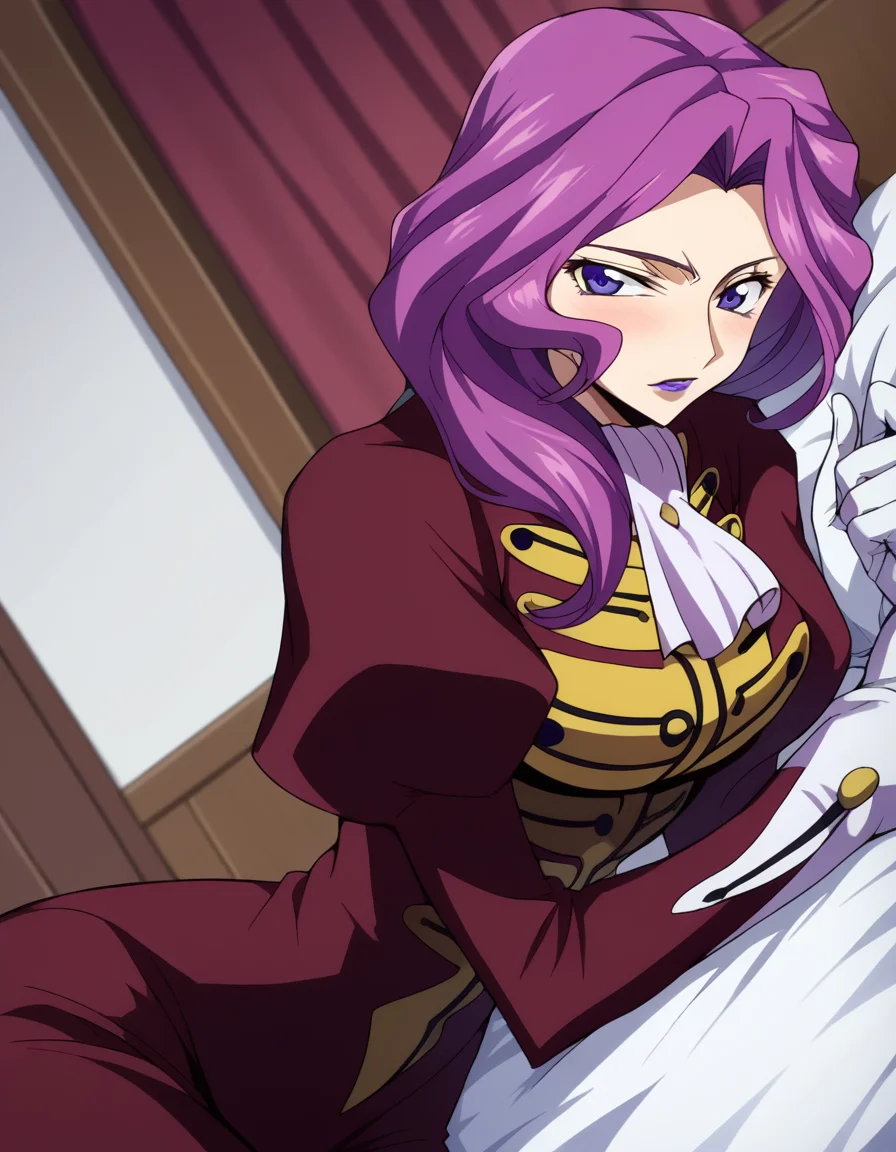 score_9, score_8_up, score_7_up, source_anime,
cornelialibritannia, <lora:cornellia-li-britannia-s1-ponyxl-lora-nochekaiser:1>
cornelia li britannia, purple eyes, purple hair,
ascot, gloves, juliet sleeves, lipstick, long sleeves, makeup, pants, puffy sleeves, purple lips, red pants, red shirt, shirt, white ascot, white gloves,
indoors, bed, bed room, on side, blush, drunk,
looking at viewer, dutch angle, cowboy shot, solo,