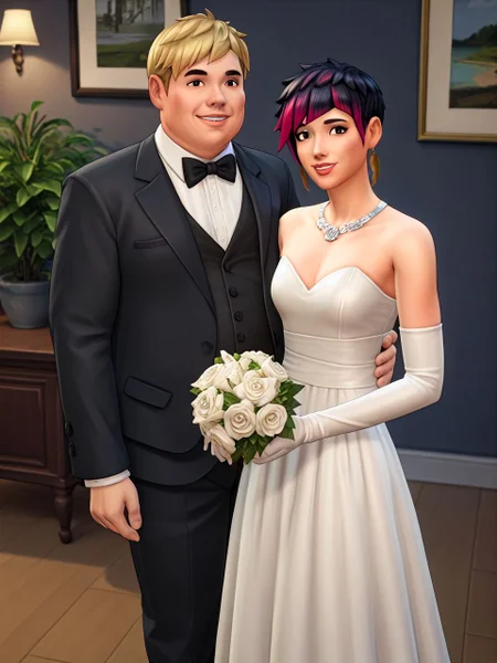 PonyXLV6_Scores, indoors, studio lighting, photo shoot, wedding photo, side by side, looking at viewer, warm smile, 1boy, 1girl
fat man, blonde hair, tuxedo, 1boy
holding bouquet, <lora:juneTS4_PDXL:0.8> junets4, short hair, black hair, pink highlights, brown eyes, light pink lips, strapless wedding dress, elegant dress, ornate necklace, elbow gloves, feather earrings, 1girl