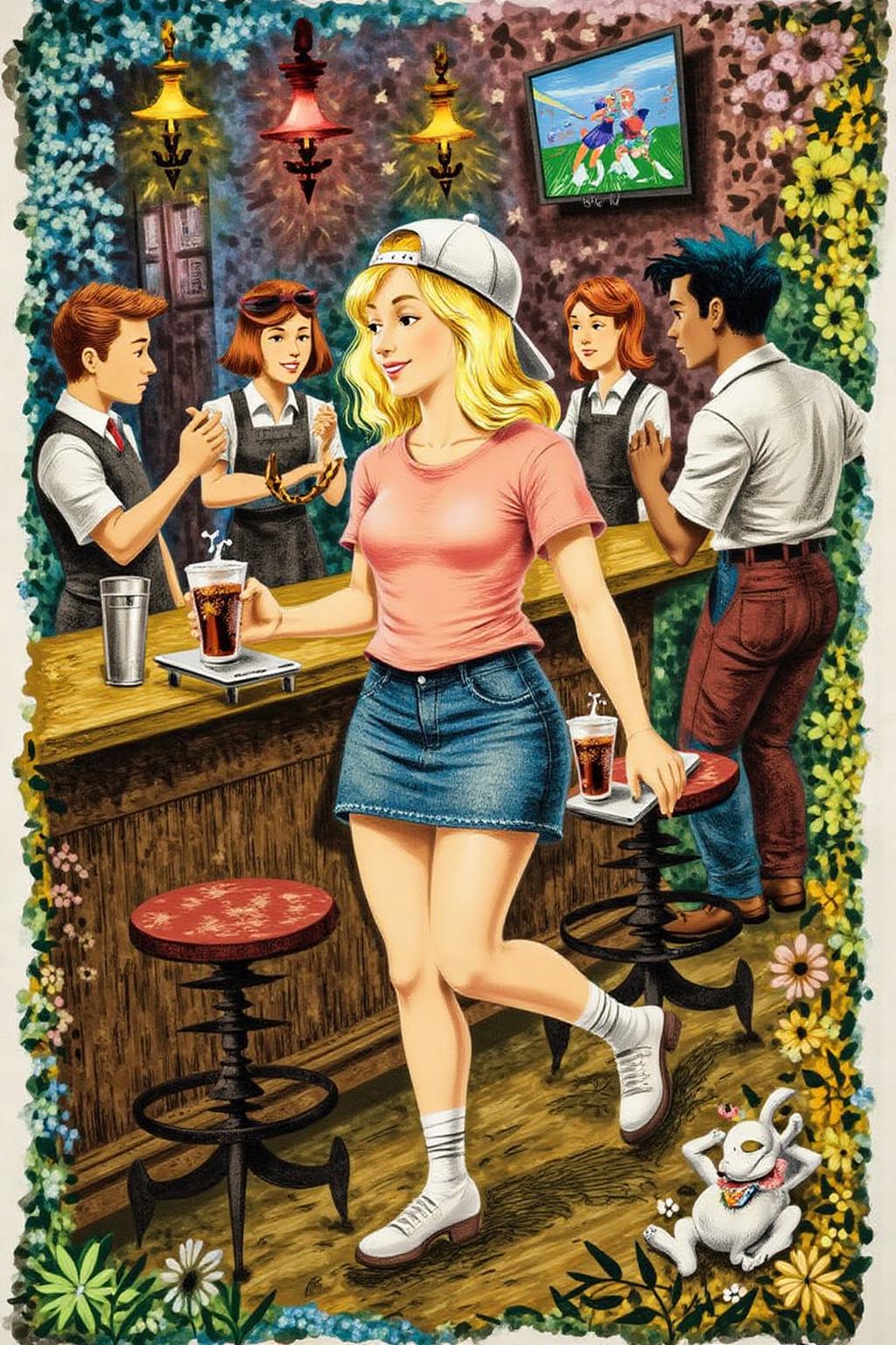 illustration.
The air buzzes with the energy of a busy bar, a mix of music, conversation, and the clinking of glasses. A barmaid, the embodiment of youthful vibrancy, navigates the lively scene. She wears a peach-coloured T-shirt, the soft fabric contrasting with the smooth, cold glass of coke she carries on a small tablet. Her short skirt adds a playful touch, and a backwards baseball cap hints at a carefree attitude. The setting and atmosphere are palpable: the warm, slightly sticky surface of the bar counter under her fingertips, the dim, colourful lighting that casts playful shadows. Sensory details are abundant: the condensation forming on the glass of coke, the texture of her denim skirt, and the way the bar lights catch the highlights in her hair. Her confident stride, her quick smile, and her efficient movements. Stylistically, the image draws inspiration from the vibrant, candid shots of nightlife photographers, with a touch of the stylized realism found in contemporary illustration. There's a deliberate contrast between the barmaid's youthful energy and the slightly worn, lived-in atmosphere of the bar, creating a dynamic and engaging image.  <lora:gwonder1_cap_d6a3e15:1.0><lora:826632289657087905:0>