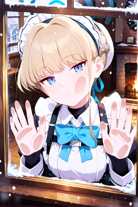 masterpiece,best quality,absurdres,very aesthetic,1girl,toki \(blue archive\),maid,jitome,window,snowflake window,snow window,frosted glass,against glass,cheek press,looking at viewer,upper body,cinematic,snowing,indoors,fireplace,dutch angle,dynamic angle,<lora:Snowflake:1>,<lora:ponyv5_noobV065S_1_adamW:0.8>,<lora:MeMaXL4:0.7>,