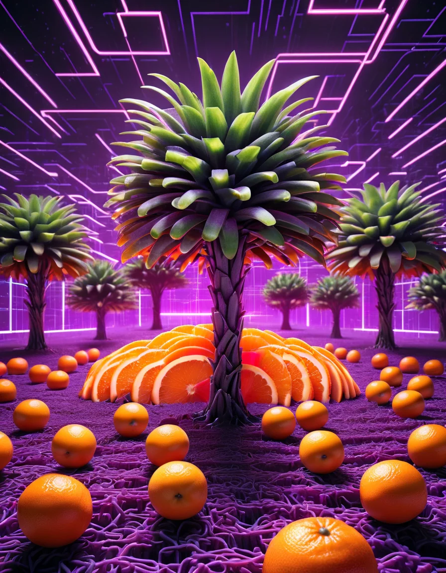 tree, orange ral-barriertape glowing outlines, purple coloring, dynamic pose, grid, motion blur, cyberpunk, 1980s, retro, (masterpiece:1.2), best quality, (hyperdetailed, highest detailed:1.2), high resolution textures, made out of ral-fruitsalad <lora:ral-fruitsalad-sdxl:1> ral-fruitsalad landscape