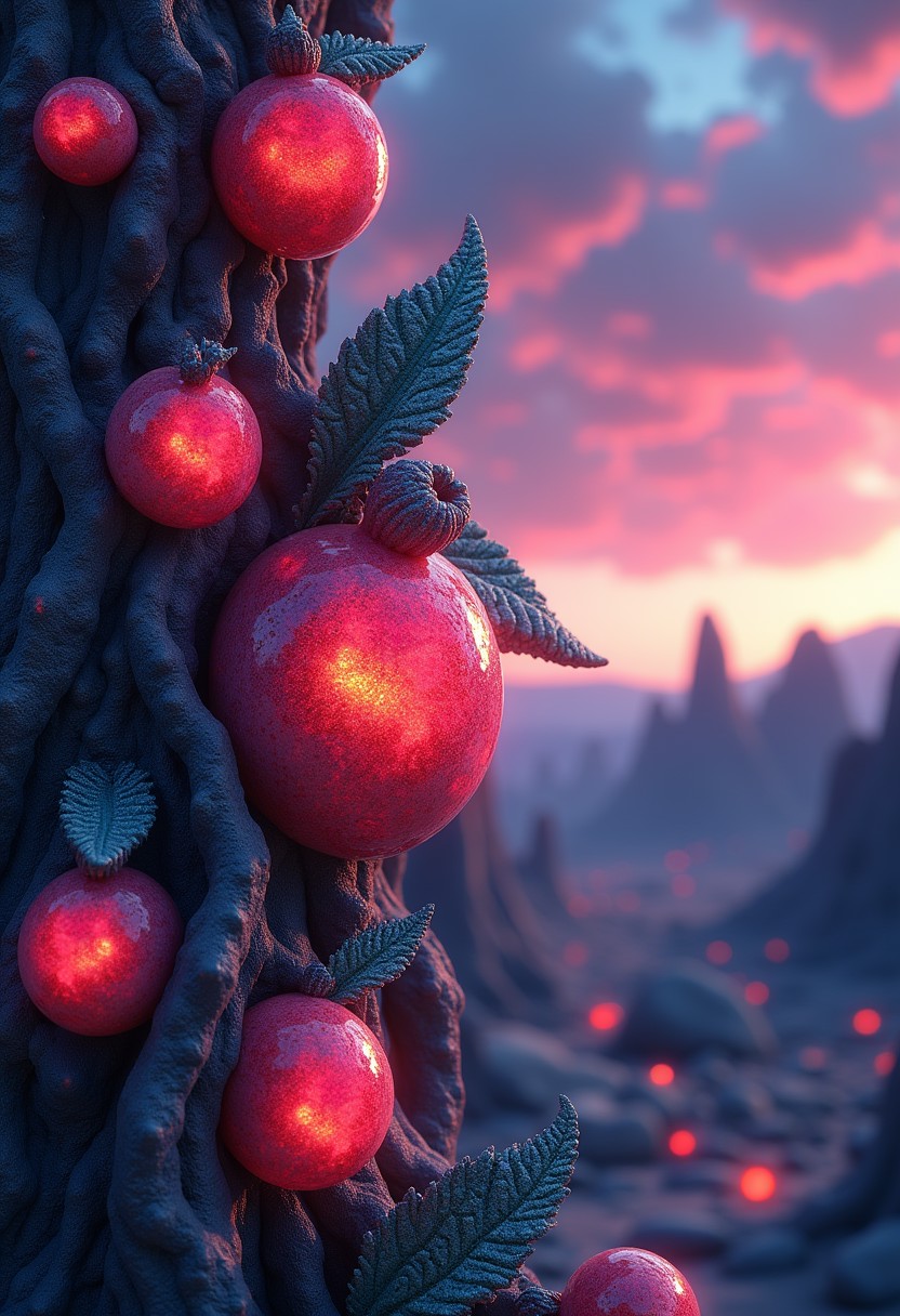 A highly defined 4K image of an alien fruit bush on another planet, featuring vivid, otherworldly fruits in brilliant, eye-catching colors. Fruit Focus. The fruits has a bioluminescent glow, with intricate patterns on its bark and leaves that emit soft light. The fruits have a surreal, crystalline texture, and the background is an otherworldly landscape with a vivid, colorful sky. Masterpiece quality, best lighting, amazing color, ultra-detailed